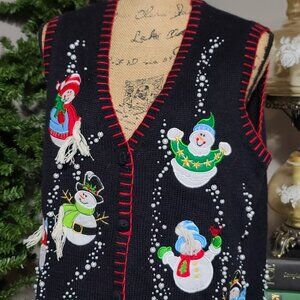 Vintage Knit Women's XL Snowman Beaded Patch Christmas Sweater Vest